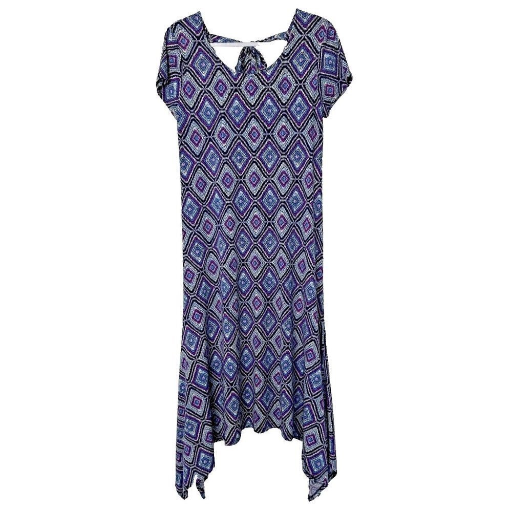 Chico's Dress‎ Diamond Print Midi Blue Purple Stretch Knit Size 6